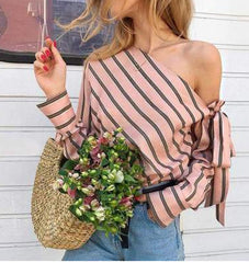 Striped Oblique Shoulder Pink Bow Shirt