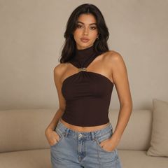 Metal Detail Halter Neck Slim Vest Top
