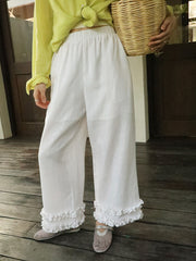 White Cropped Linen-Blend Pants with Wavy Hem