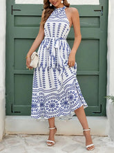 Halter Neck Floral Print Midi Dress – Summer 2025