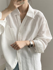 Loose V-Neck Cotton Blend Long Sleeve Shirt