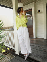 White Cropped Linen-Blend Pants with Wavy Hem
