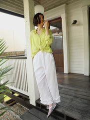 White Cropped Linen-Blend Pants with Wavy Hem