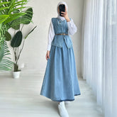 Denim Layered Long Skirt & Vest Set