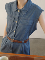 Dark Blue Lapel Buttoned Denim Dress