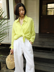 White Cropped Linen-Blend Pants with Wavy Hem