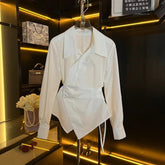 Irregular Waist Wrap White Shirt for Women