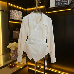 Irregular Waist Wrap White Shirt for Women