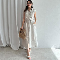 Casual Button-Down Shirt Collar Sleeveless Dress