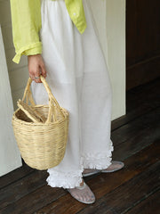 White Cropped Linen-Blend Pants with Wavy Hem