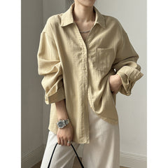 Loose V-Neck Cotton Blend Long Sleeve Shirt
