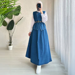 Denim Layered Long Skirt & Vest Set