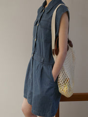 Dark Blue Lapel Buttoned Denim Dress