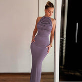 Elegant Ruched Backless Halter Maxi Dress