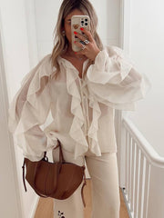 Elegant Chiffon Ruffle Zip Blouse