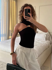Metal Detail Halter Neck Slim Vest Top