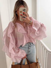 Elegant Chiffon Ruffle Zip Blouse