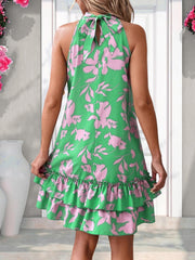 Green Floral Halter Neck Ruffle Dress