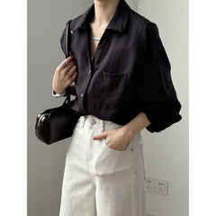 Loose V-Neck Cotton Blend Long Sleeve Shirt