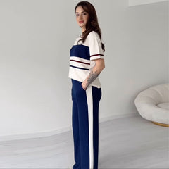 Blue Knit Set – Short Sleeve Top & Trousers