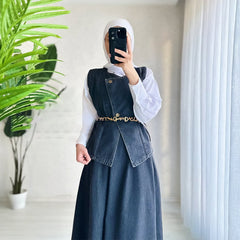 Denim Layered Long Skirt & Vest Set