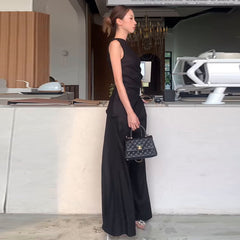 Elegant Black Sleeveless Wide-Leg Pants Suit