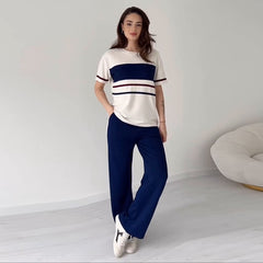 Blue Knit Set – Short Sleeve Top & Trousers