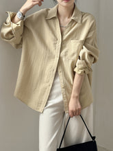 Loose V-Neck Cotton Blend Long Sleeve Shirt