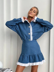 Lace-Trimmed Denim Dress with Rhinestone Buttons