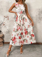 Floral Pleated Sleeveless Midi Dress