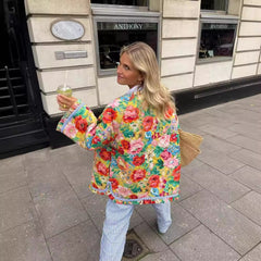 Floral Padded Winter Jacket with Trumpet Sleeves