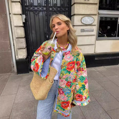 Floral Padded Winter Jacket with Trumpet Sleeves