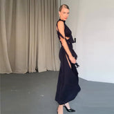 Elegant Sleeveless Black Hollow Pleated Dress – Summer 2025 Collection