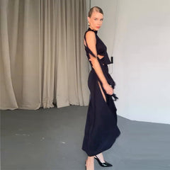 Elegant Sleeveless Black Hollow Pleated Dress – Summer 2025 Collection