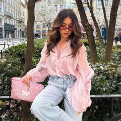 Elegant Chiffon Ruffle Zip Blouse