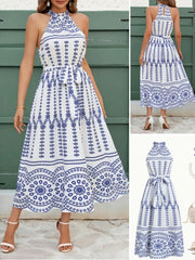 Halter Neck Floral Print Midi Dress – Summer 2025