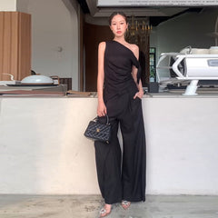 Elegant Black Sleeveless Wide-Leg Pants Suit