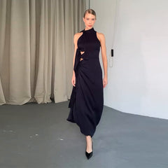 Elegant Sleeveless Black Hollow Pleated Dress – Summer 2025 Collection