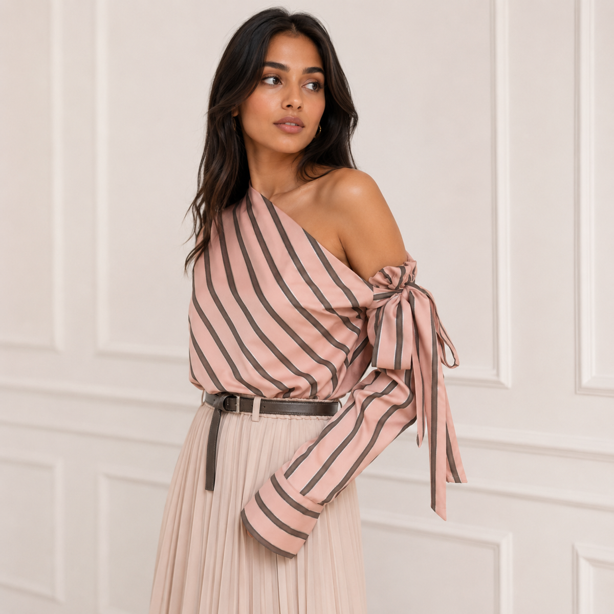 Striped Oblique Shoulder Pink Bow Shirt