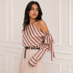 Striped Oblique Shoulder Pink Bow Shirt
