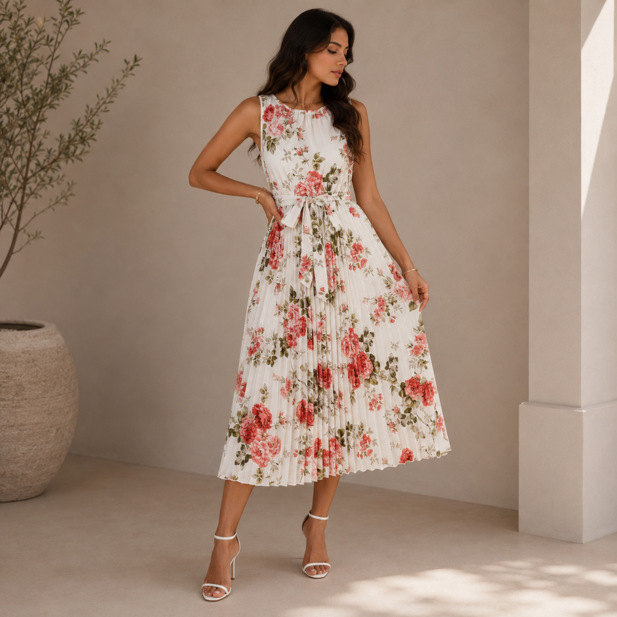 Floral Pleated Sleeveless Midi Dress