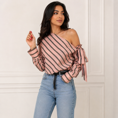 Striped Oblique Shoulder Pink Bow Shirt