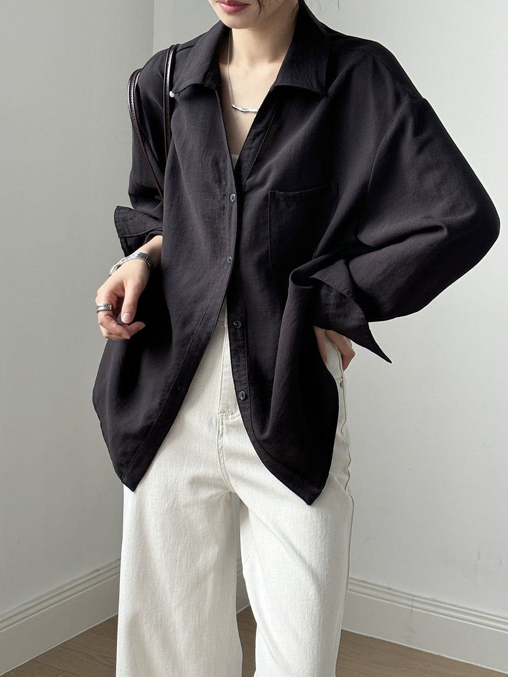 Loose V-Neck Cotton Blend Long Sleeve Shirt