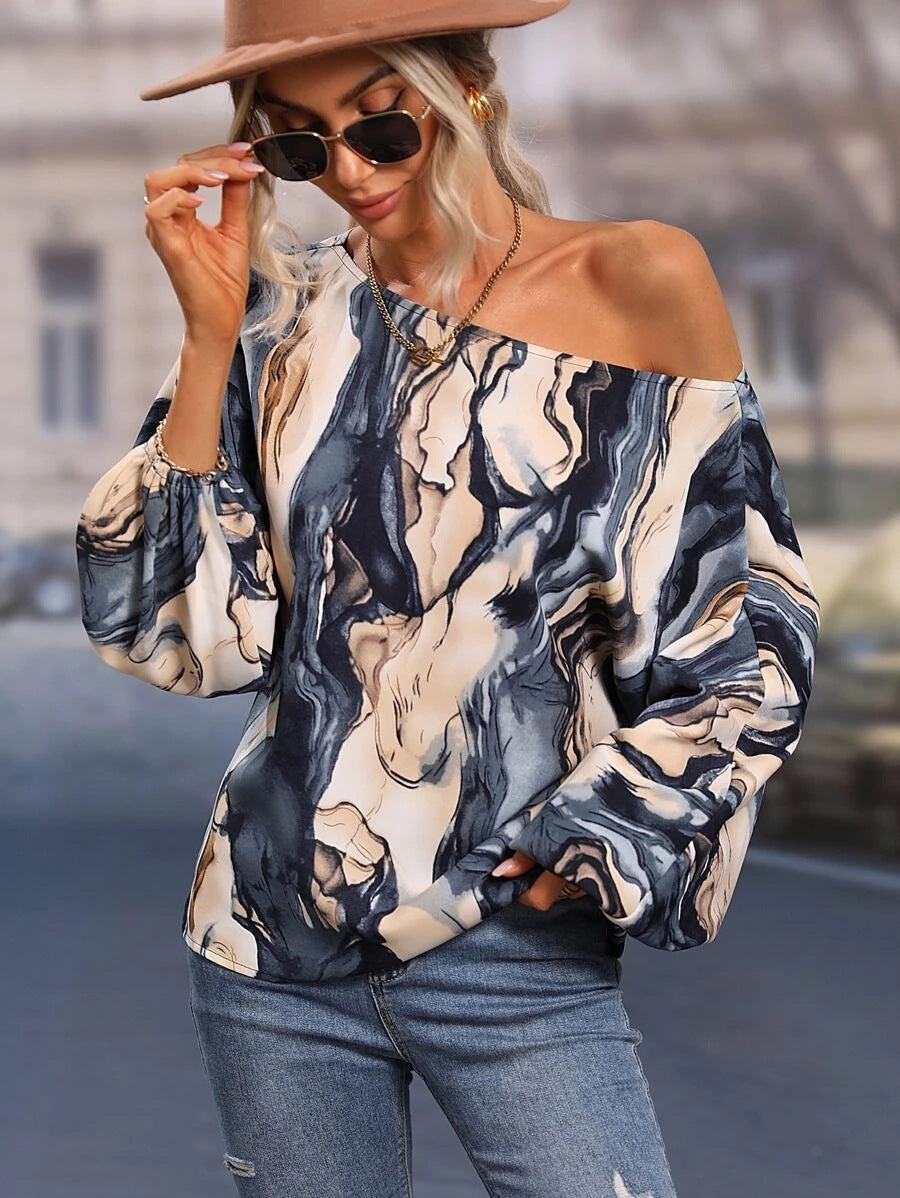 Painted One-Shoulder Lantern Sleeve Top