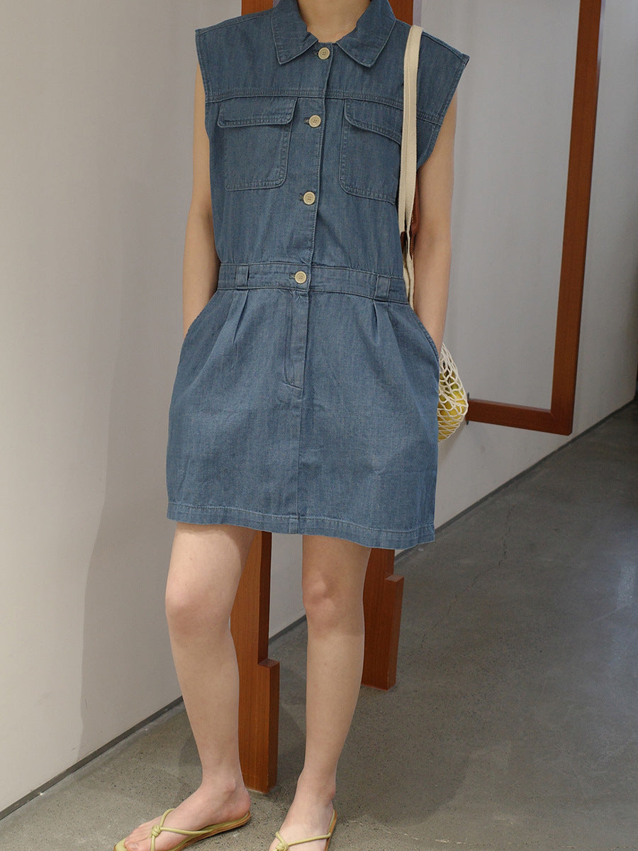 Dark Blue Lapel Buttoned Denim Dress