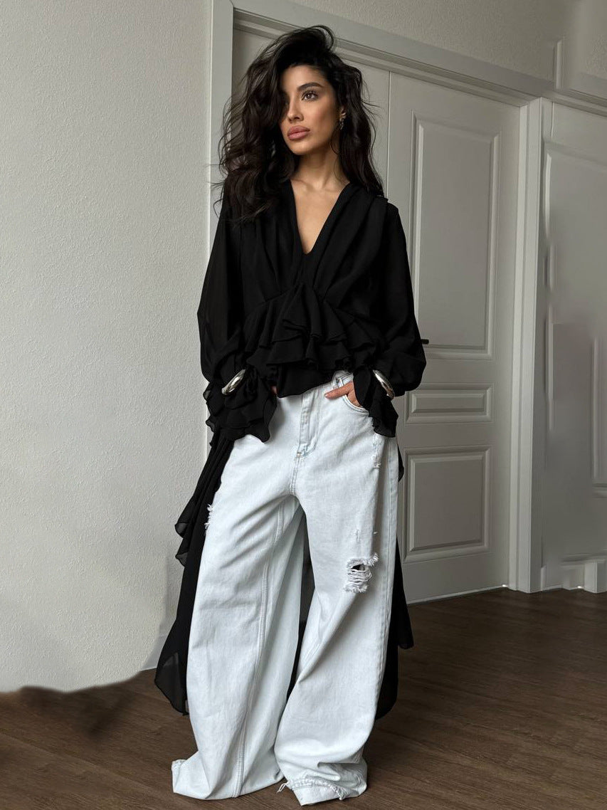 Elegant Long Chiffon V-Neck Wrap Top