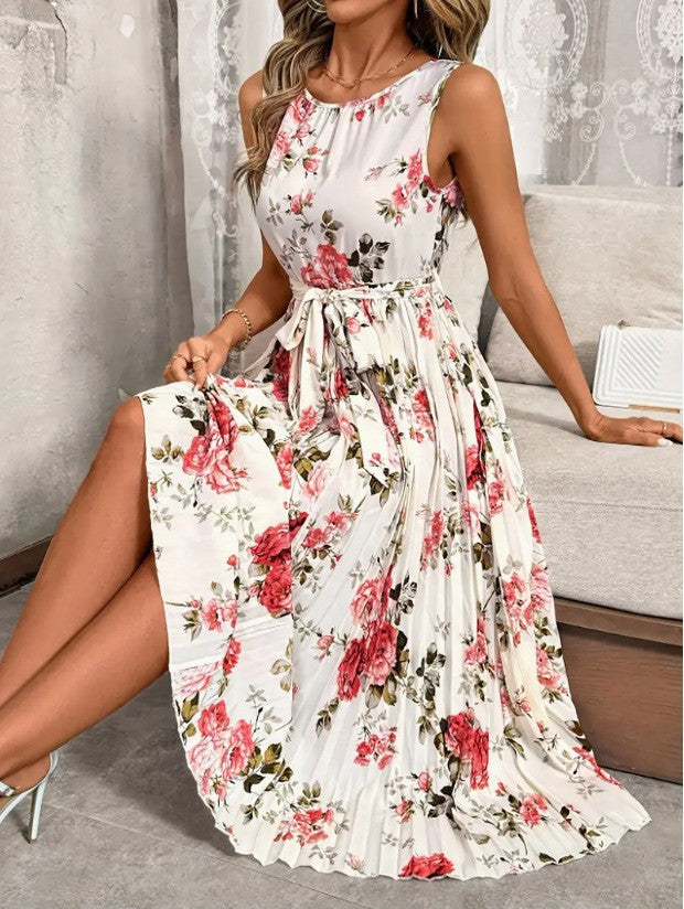 Floral Pleated Sleeveless Midi Dress