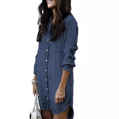 Loose Denim Shirt Dress with Tassels
