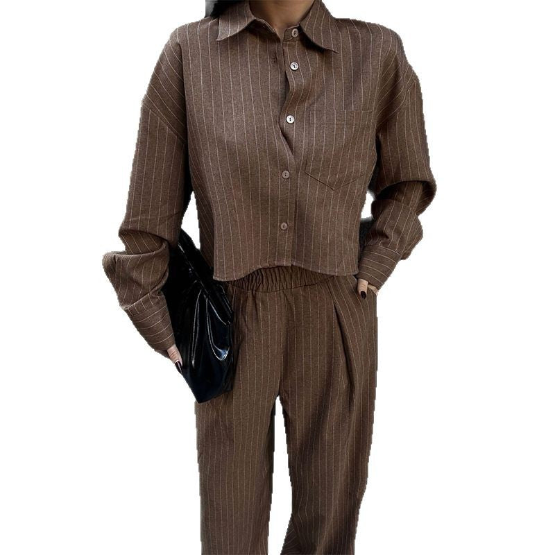 European Striped Lapel Shirt & Trouser Set