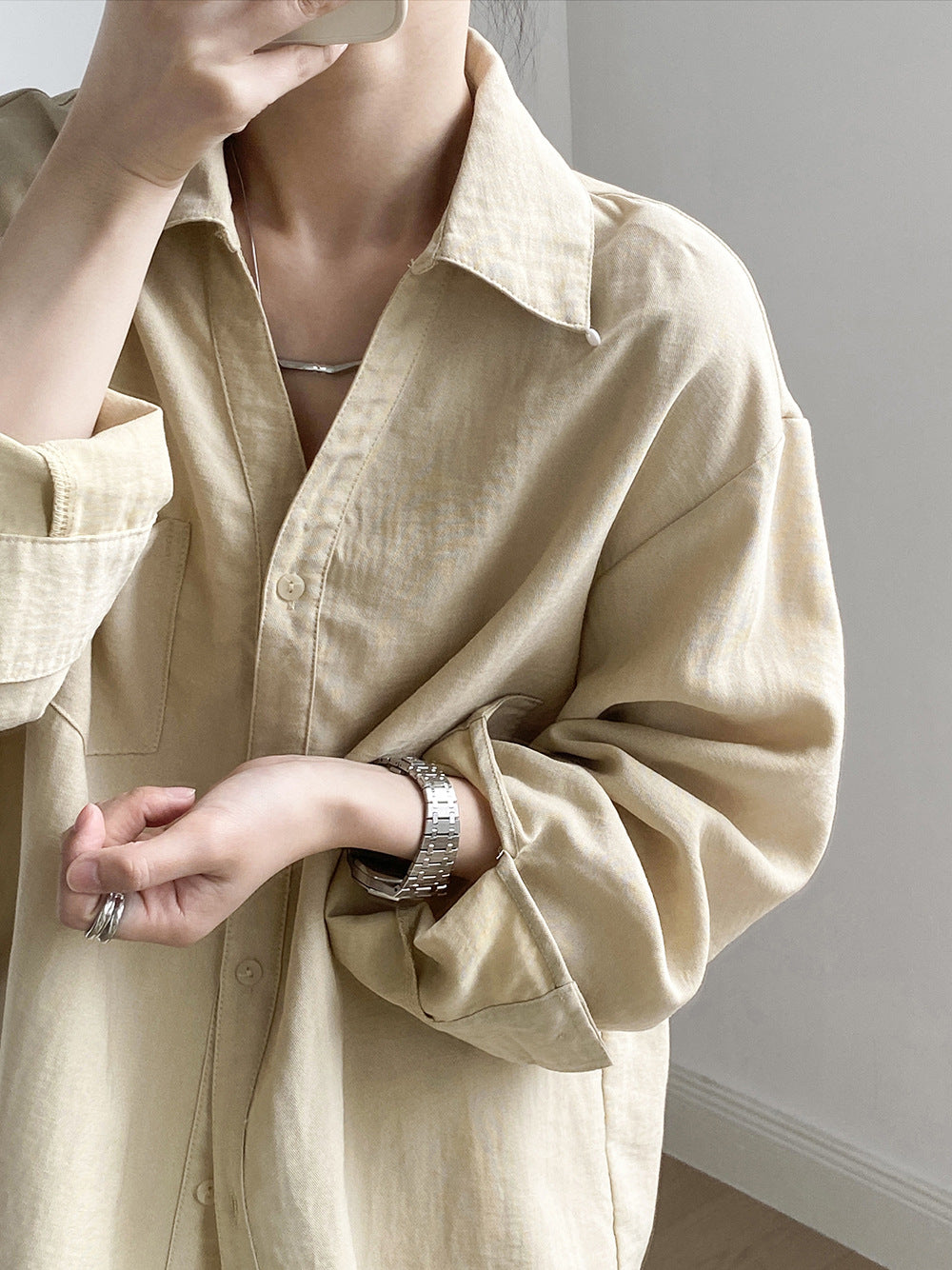 Loose V-Neck Cotton Blend Long Sleeve Shirt